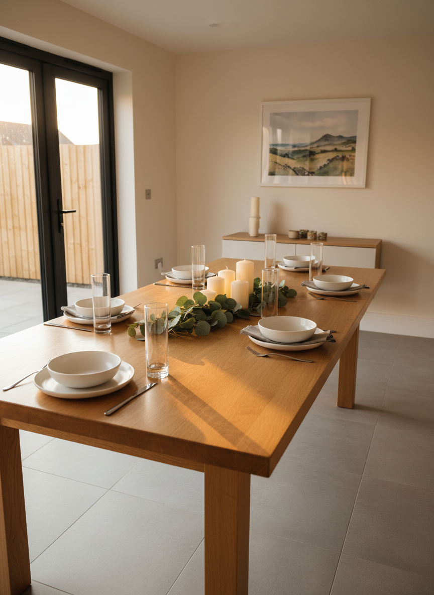 A meticulously styled dining space in a modern Northern Ireland new-build home, presented in clean photographic realism. A solid oak dining table with a smooth, matte finish sits centrally, dressed with simple white stoneware plates, clear glassware, and linen napkins in soft grey. A small cluster of unscented candles and a low arrangement of eucalyptus add understated elegance. Light flows in from patio doors, creating a gentle golden-hour glow across the tabletop and subtle reflections in the glass. Walls are painted a warm off-white, with a single framed landscape print. Captured from a slightly elevated angle using the rule of thirds, the atmosphere is intimate yet uncluttered, helping viewers imagine relaxed family meals and entertaining in a beautifully staged home.