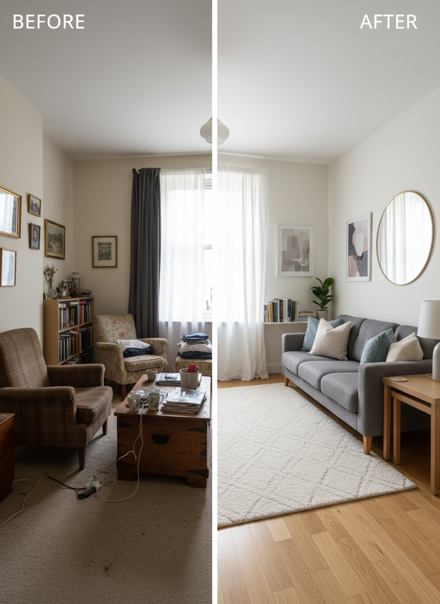 A split-screen photographic image showing a Northern Ireland terrace house living room before and after professional property staging. On the left, the room is cluttered, dim, and sparsely furnished, with mismatched pieces and no clear focal point. On the right, the same space is transformed: a coordinated grey fabric sofa, soft wool rug, light oak side tables, and framed abstract art in muted tones. Sheer curtains soften the window, allowing bright yet gentle daylight to fill the room. The composition uses a straight-on, wide-angle view for easy comparison, with clean lines and balanced decor. The mood on the staged side is warm, organised, and aspirational, clearly demonstrating the impact of expert staging on perceived value.